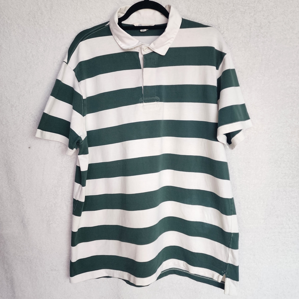 J Crew Polo Shirt Mens Size XL 100% Cotton Striped Green White Short Sleeve